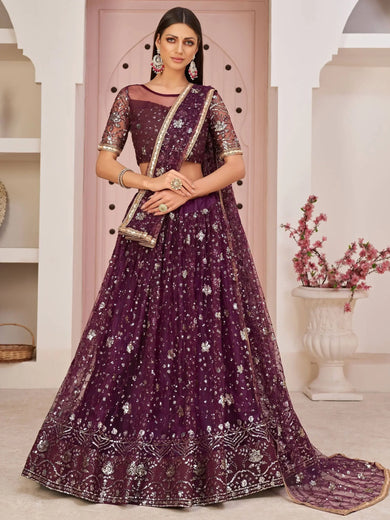 Wonderful Wine Thread Embroidered Net Festive Wear Lehenga Choli